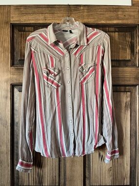 Striped Button-Down Western Shirt in Beige and Coral